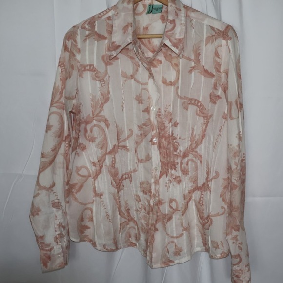 LovePotion Blouse, Medium Wormen Light Cotton Peach and White Button Down, - Picture 3 of 14
